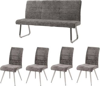 Hhg Hhg - Nunca Usado] Juego De Comedor 102, Juego De 4 Sillas + Banco 160cm, Acero Inoxidable Cepillado Tela/textil Chenilla, Gris Oscuro