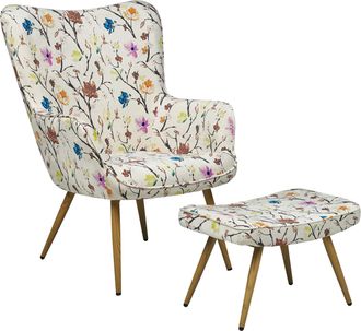 Beliani Beliani - Sill&oacute;n Orejero Tapizado En Tela Color Crema Con Patr&oacute;n Floral Abotonado Con Reposapi&eacute;s Estilo Retro Vejle Ii