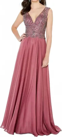 Montage by Mon Cheri Beaded Tulle Flowy A Line Dress In Rose