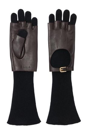 Sandro Long knit and leather gloves in Black at Nordstrom, Size Medium