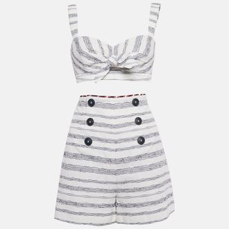 Paule Ka White/blue Embroidered Stripe Cotton Top & Shorts Set