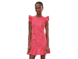 CeCe by Cynthia Steffe Denim Flutter Sleeve Ruffle Hem Mini Dress Womens Dress Claret Red : 14, Cotton