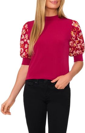 CeCe by Cynthia Steffe Floral Puff Sleeve Mock Neck Top in Deep Sangria at Nordstrom, Size X-Small