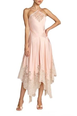 Mac Duggal Charmeuse Lace Detail Asymmetrical Hem Midi Dress in Ballet Slipper at Nordstrom, Size 10