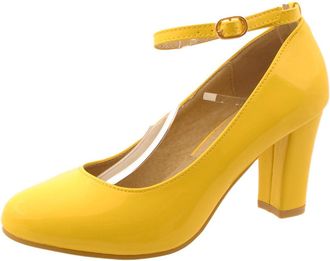 Generic Womens Mid Block Heels Ankle Strap Court Slip On Shoes Ladies Closed Toe Office Work Formal Pumps Mary Jane Shoes Sandals Plus Size Yellow Patent UK 8