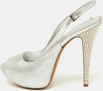 Loriblu Metallic Silver Leather Crystal Embellished Slingback Platform Pumps