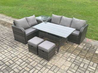 Fimous Outdoor Garden Patio Furniture Wicker Rattan Oblong Rectangular Dining Table & Lounge Sofa set with Side Table 2 Small Footstools in Dark Grey