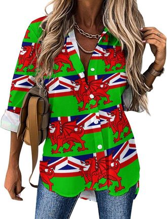 Generic Union Jack Welsh Flag Womens Blouses Button Down Long Sleeve Shirts V Neck Loose Business Casual Top