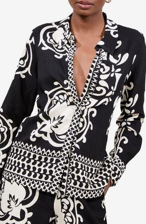 Lipsy Mono Placement Print Button-Up Shirt in Black at Nordstrom, Size 6 Us