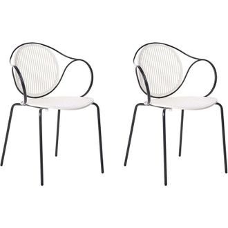 Beliani Set of 2 Garden Chairs Off-White and Black Steel Frame Stackable Ribbed Back Outdoor Patio Modern IKARIA