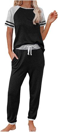 Generic Ladies Short Pyjamas Sets Soft Nightwear Womens Pajamas Set Short Sleeve Sleepwear Tops With Long Pants Set Print Nightwear Womens Lingerie Uk (21-Bla