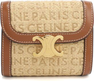 Celine Beige Leather Raffia Wallet (Tri-Fold) (Pre-Owned)