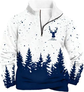 Generic Mens 1/4 Zip Christmas Jumper Xmas Tree Pullover Ugly Christmas Sweatshirt Long Sleeve Sweater Fleece Stand Collar Sweatshirts Reindeer Snowflakes Pri