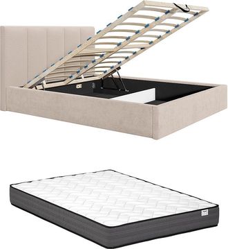 Vente-Unique Canap&eacute; abatible 200 x 200 cm con cabecero con costuras verticales - Tela - Beige + Colch&oacute;n - KILACLO