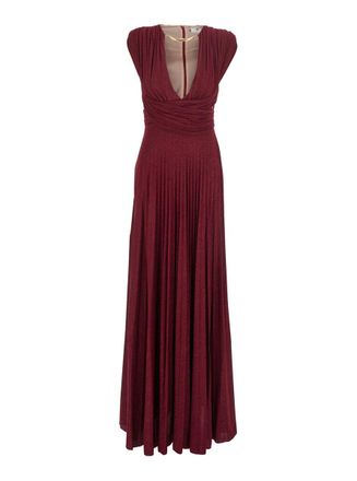 Elisabetta Franchi Bordeaux Long Dress With Front Neckline And Pleated Details In Fabric Woman