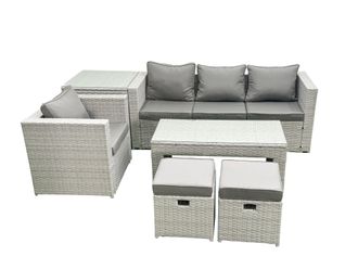 Fimous Rattan Garden Furniture Set Outdoor Lounger Sofa with Coffee Table 2 Small Footstools Light Grey Mixed 6 Seater