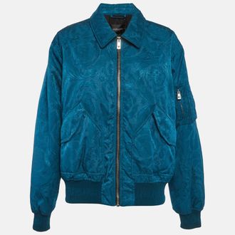 Versace Teal Blue Nylon Barocco Bomber Jacket