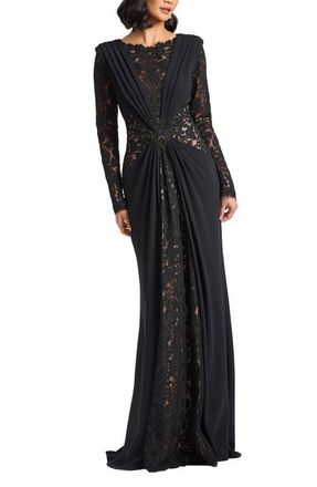 Tadashi Shoji Mixed Media Long Sleeve Body-Con Gown in Black at Nordstrom, Size 18
