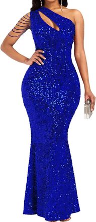 Generic Formal Dress for Women Sequin One Shoulder Mermaid Bodycon Evening Cocktail Floor Length Gown Blue Medium