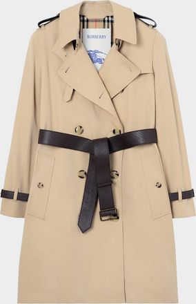 Burberry Kensington Leather-Trim Double-Breasted Trench Coat
