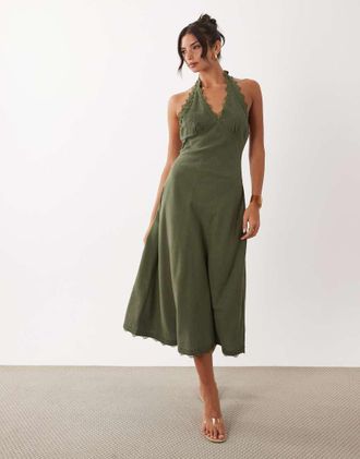 Lioness Stars Align - Vestito midi allacciato al collo in misto lino kaki con finiture in pizzo e schiena scoperta-Verde