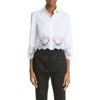 Dolce & Gabbana Button Up Floral Lace Crop Button-Up Shirt in W0800 Bianco Ottico at Nordstrom, Size 10 Us
