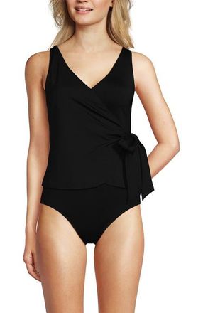 Lands End Chlorine Resistant Side Tie V-neck Tankini Swimsuit Top in Black at Nordstrom, Size 26W