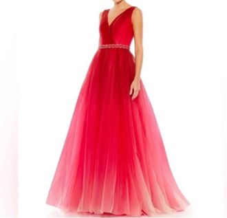 Mac Duggal Beaded Belt Wrap Over Sleeveless Ballgown In Red Ombr&eacute;