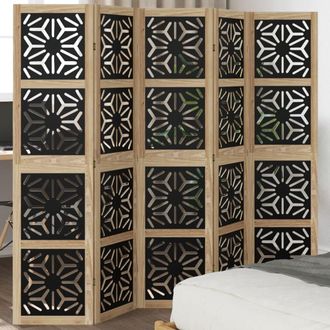 vidaXL Biombo Separador 5 Paneles Madera Maciza Paulownia Marr&oacute;n Negro Vidaxl