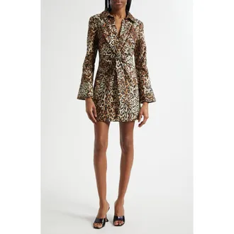 Cinq &agrave; Sept Leopard Print Long Sleeve Denim Dress in Black/Sahara at Nordstrom Rack, Size 12