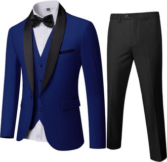Mys Mens 3 Piece Tuxedo Set with Bow Tie, Shawl Lapel One Button Jacket Vest & Pants, Slim Fit Suit Prom Party Wedding Tux, Royal Blue, XL