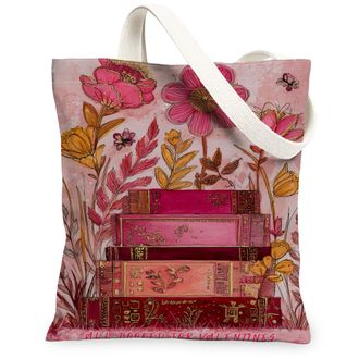 Generic Floral Book Stack Canvas Tote Bags, Flower Pattern Reusable Grocery Bags, Spring Vintage Lightweight Washable Shoulder Stra, Peach, 13x15 Inch