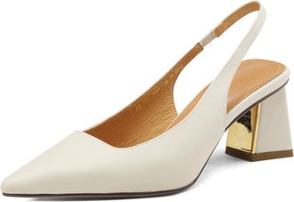 Generic Womens Pointed Toe Faux Leather Dress Pumps Mid Chunky Heel Adjustable Slingback Strap Lightweight Cushioned Insole Non Slip Comfortable Shoes,White,3