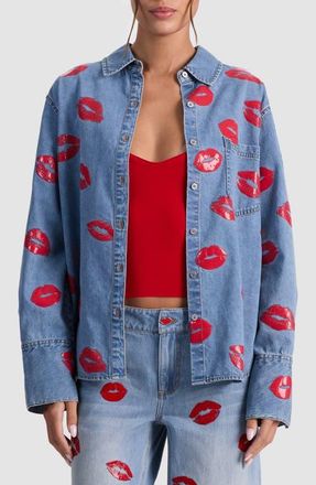 Alice & Olivia Kiss Print Denim Shirt Jacket in Denver Bright Blue at Nordstrom, Size X-Small
