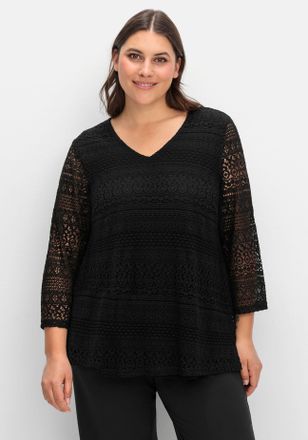 Sheego Spitzenshirt SHEEGO Spitzenshirt, Damen, Gr. 40/42, schwarz, 70% Baumwolle, 30% Polyimid, unifarben, V-Ausschnitt, Shirts Spitzenshirt