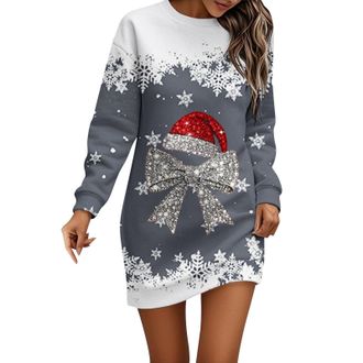 Generic Christmas Dresses for Women Ladies Christmas Dress Long Sleeve Jumper Dress for Women UK Round Neck Xmas Graphic Print Women Dresses Winter Casual Dre