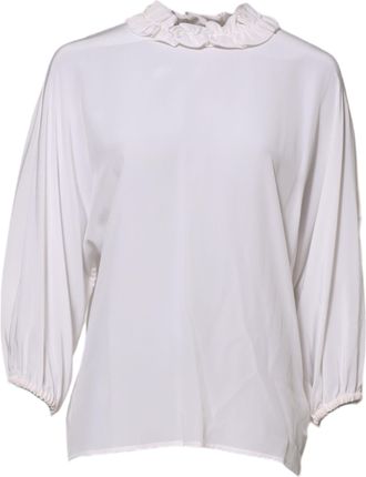 Dolce & Gabbana White Ruffled Neckline Blouse Pullover Womens Top