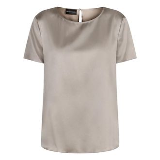 Emporio Armani Tops, Dames, Grijs, XL, Satijn, Satijnen T-shirt met knoopsluiting aan de achterkant