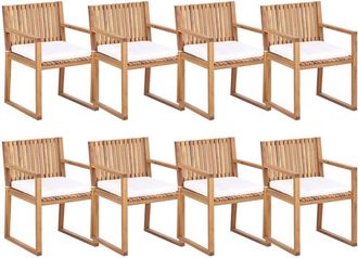 Beliani Conjunto De 8 Sillas De Jard&iacute;n R&uacute;sticas De Madera De Acacia Certificada Clara Con Cojines De Asiento Blanco Crema Sassari Ii