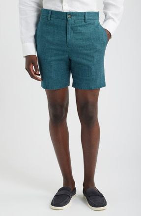 Berle Solid Linen Look Flat Front Cotton Shorts in Teal at Nordstrom, Size 33