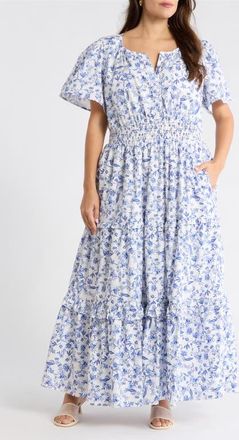 Sugarlips Francine Toile Fabiola Ruffle Maxi Dress in Wht-Blues-Mult at Nordstrom, Size 1X