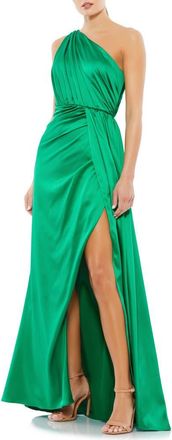 Mac Duggal Gathered One Shoulder Satin Faux Wrap Gown in Emerald at Nordstrom, Size 12