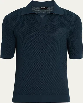 Ermenegildo Zegna Mens Cotton Textured Johnny-Collar Polo Sweater