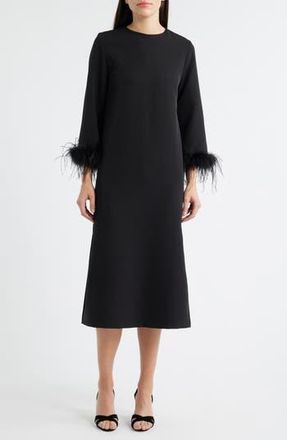 Lucy Paris Mariam Feather Trim Long Sleeve Cocktail Midi Dress in Black at Nordstrom Rack, Size X-Small