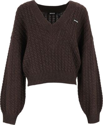 Rotate Brown Regular-Fit Cable-Knit V-Neck Sweater