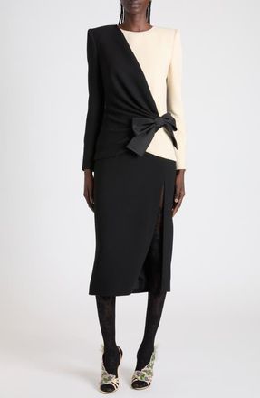 Valentino Bow Detail Long Sleeve Crepe Couture Dress in Black/Cream at Nordstrom, Size 8 Us