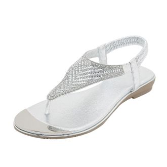 Generic Women Summer Elastic Strap Rhinestone Casual Open Toe Flat Sandals with Soft Breathable Sole (Silver, 6.5)