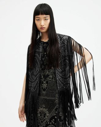 AllSaints Womens Leather Elias Studded Tassel Leather Gilet, Size: XS
