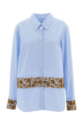 Dries Van Noten Light Blue Gold Bead Embroidered Cotton Poplin Shirt