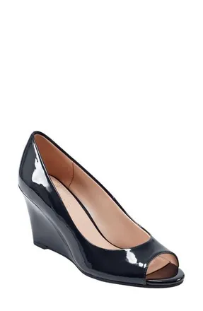 Bandolino Tuff Love Peep Toe Patent Wedge Pump in Navy at Nordstrom, Size 5.5